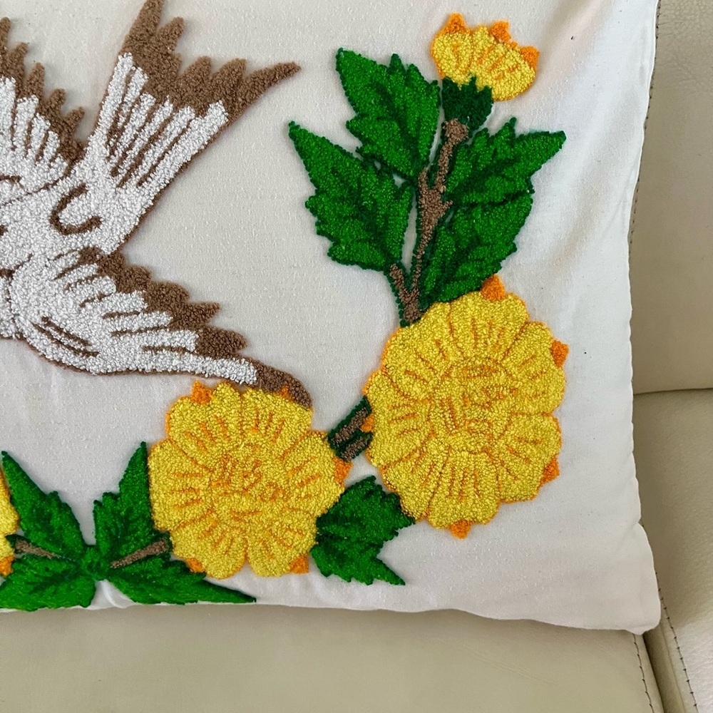 Embroidered Bird and Floral Pillow 17/25 inches - Picture 2 of 12